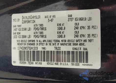 2007 Dodge Dakota St из США, поврежденный, VIN 1D7HE28K57S241319